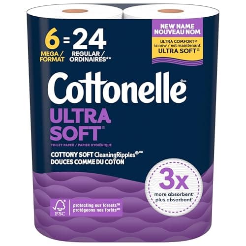 Papier toilette Cottonelle, 6 méga rouleaux = 24 rouleaux réguliers, ultra confort, papier hygiénique doux, 244 feuilles par rouleau, l'emballage peut varier