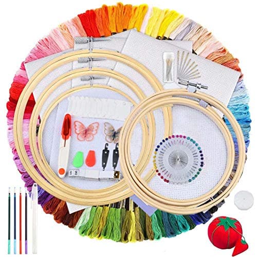 Ensemble complet de démarrage de broderie comprenant 5 cerceaux à broder en bambou, 100 fils à broder de couleurs, 2 pièces de toile Aïda et un point de croix...
