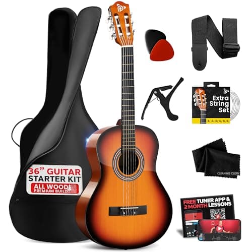 Kit de guitare acoustique classique PYLE 36" - Guitare de taille 3/4 fabriquée à la main en bois de tilleul Sun Burst Gloss Finish, 6 cordes en nylon avec accordeur de sac de transport, extra...