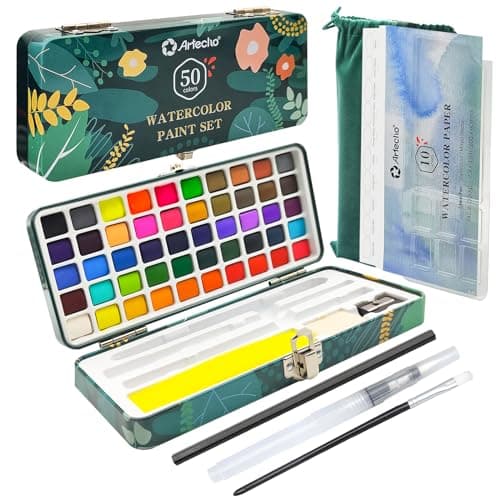 Artecho Watercolor Paint Set 50 Colors in Portable Box Including 4 Fluorescent Colors, Travel Watercolour Set with Watercolour Papers, Brushes and...