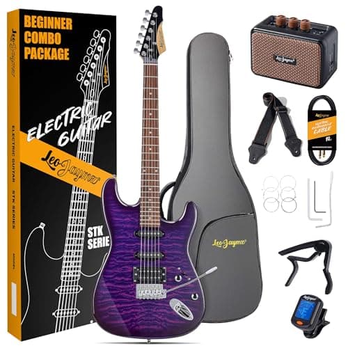Leo Jaymz Kit de guitare électrique pleine grandeur 39 pouces Kits de guitare électrique pour débutants - Amplificateur, accordeur, sac de transport (Violet Ocean 5W)
