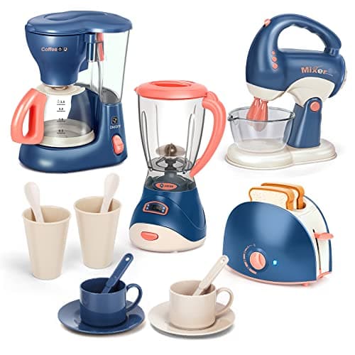 Kids Kitchen Pretend Play Toys,Kitchen Appliances Toy with Coffee Maker Machine,Blender, Mixer and Toaster with Realistic Light and Sounds, Gift...