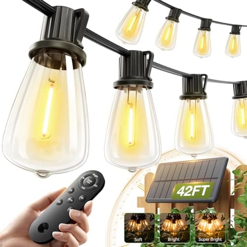 addlon 42FT(36+6) Solar Lights Outdoor Waterproof, String Lights Outdoor Solar power with Remote & USB Port 12+1 LED Shatterproof Bulbs 3 Light...