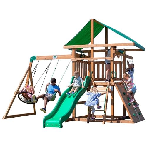 Backyard Discovery Grayson Peak All Cedar Wooden Swing Set, Colorful Canvas Enclosed Canopy, Wave Slide, Belt Swings and Web Swing, Rockwall with...