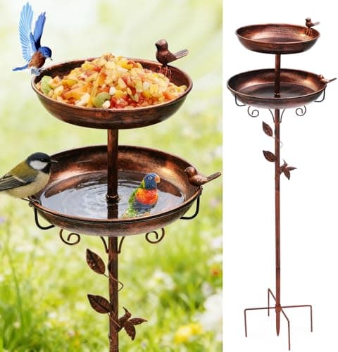 Metal Bird Bath for Garden – 42in 2-in-1 Birdfeeder & Birdbath with Bird & Leaf Design, Double Bowls, Upgraded 5-Prong Base — Bird Baths for Garden...