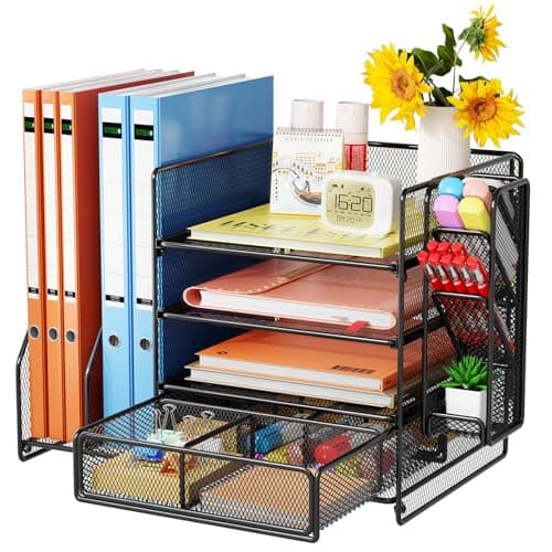 7 code Desk Organizer with File Holder, 5-Tier Letter Paper Tray Organizer with Drawer & Pen Holders, Desk Accessories Organizers and Storage, 2...