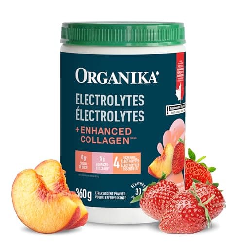 Électrolytes Organika fabriqués au Canada + Collagène amélioré – Saveur fraise pêche – Hydratation sans sucre | 5g de Protéines + 100% de Vitamine C Quotidienne -...