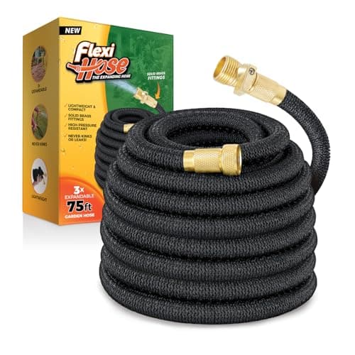 Flexi Hose Expandable Garden Hose, Lightweight & No-Kink Flexible Garden Hose, 3/4 inch Solid Brass Fittings and Double Latex Core, 75 ft Black