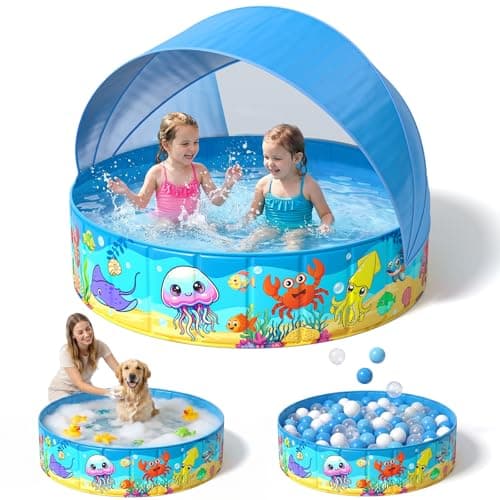AZDYJL Foldable Kiddie Pool with Canopy 47IN Baby Toddler Pool with Detachable UPF 50+ Shade, Carry Bag Hard Plastic Foldable Swimming Pool...