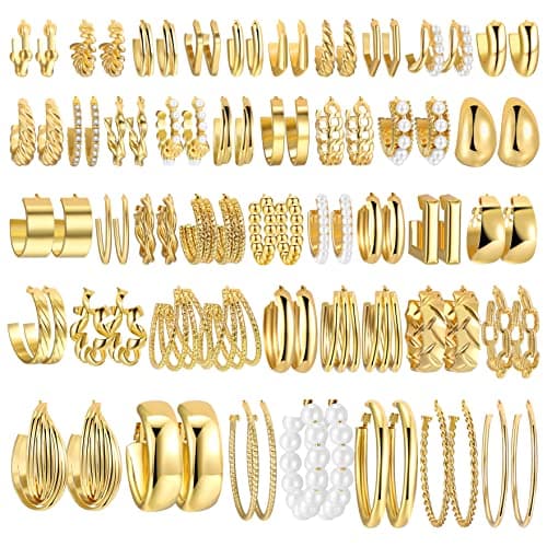 42 Pairs Gold Hoop Earrings Set for Women, Fashion Chunky Pearl Earrings Multipack Twisted Statement Earring Pack, Hypoallergenic Small Big Hoops...