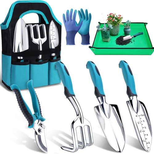 Kynup Gardening Tools 7-Piece, Heavy Duty Garden Tools Set with Non-Slip Handle, 29.5"x29.5"Repotting Mat, Hand Shovel, Gardening Hand Tools with...