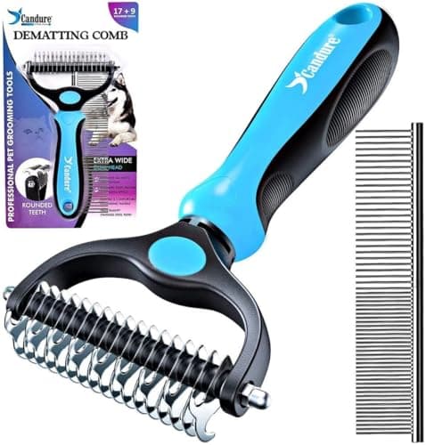 Candure Dematting Comb for Dog and Cat, Pet Grooming Rake and Brushes for Small, Medium Large Dogs 17+9 Double Sided Deshedding Tool Removes Knots...