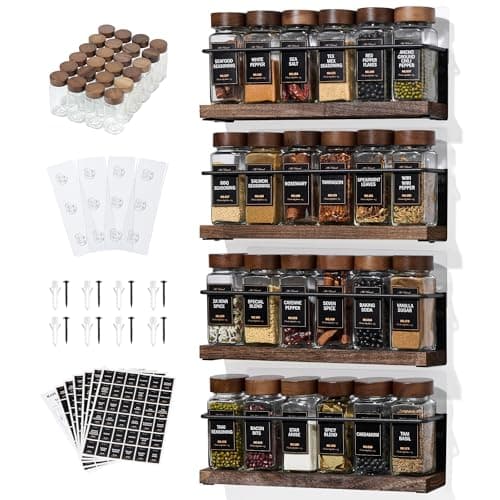 KitHero Organisateur de support à épices mural à 4 niveaux avec 24 pots en verre, 216 étiquettes et entonnoir - Support à vis/adhésif, stockage d'épices en métal noir et bois pour...