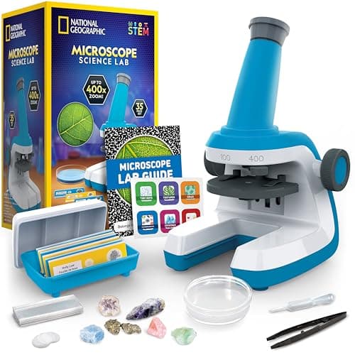National Geographic Microscope for Kids - STEM Kit with an Easy-to-Use Kids Microscope, Up to 400x Zoom, Blank and Prepared Slides, Rock and...