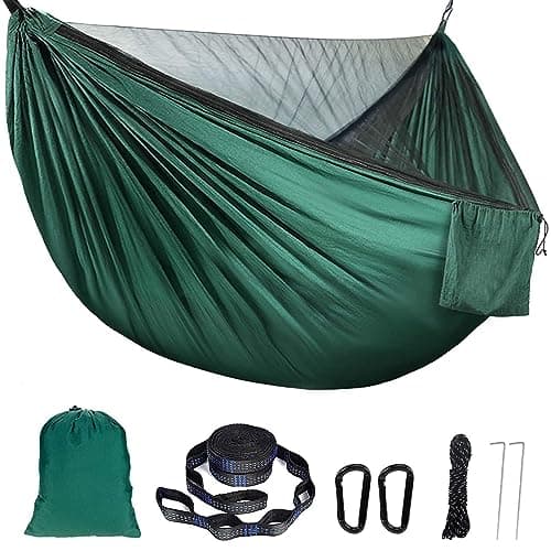 Double Single Camping Hammock with Mosquito Net & Tree Straps, Portable Lightweight Parachute Nylon Hammock for Backpacking Travel Beach Yard...