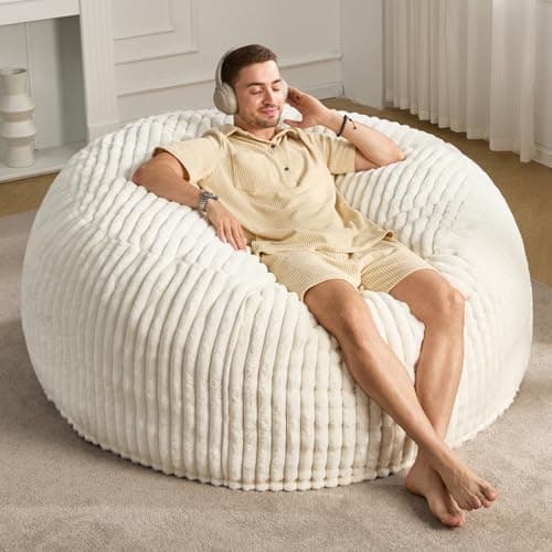 Bean Bag Chairs for Adults Beanbag Chair with Stripe Plush Cover Large Bean Bag Chair Big Bean Bag Chair for Living Room Bedroom Dorm (White, 5FT)