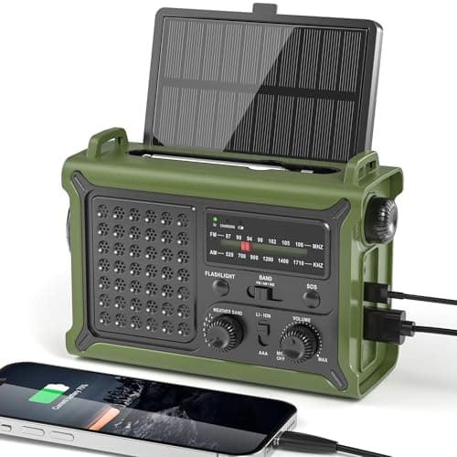 Radio d'urgence à manivelle solaire 12 000 mAh Radio météo AM FM portable, panneau solaire 8 500 mm², lampe de poche à 2 modes, lampe de lecture, cellule à double sortie...