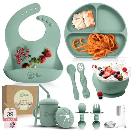 O'doe 11 Pcs Baby Led Weaning Feeding Supplies for Toddlers, Baby Feeding Set | Suction Silicone Baby Bowl Self Eating with Fruit Feeder, Cup,...