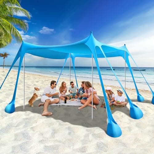 Rhino Valley Beach Tent, 10 x 10 FT Beach Shade UPF50+ Protection, BeachCanopy with 8 Sandbags 4 Stability Poles, Outdoor BeachTent Sun Shelter...