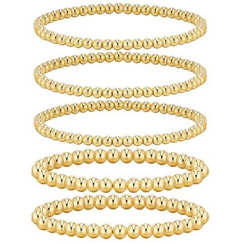 Lot de 5 bracelets plaqués or 14 carats avec brins empilables, extensibles, tendance, réglables, élastiques, perles plates, bracelets empilables, bijoux cadeaux pour femmes