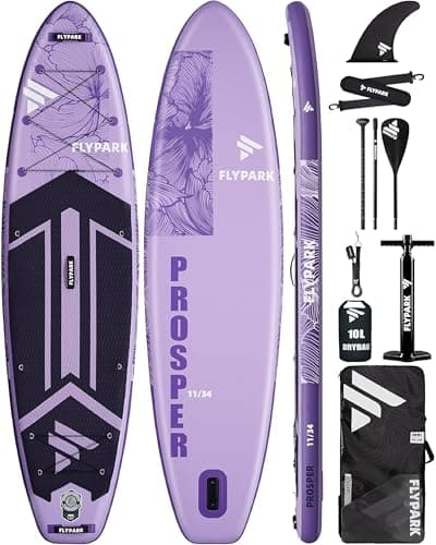 Planches de stand up paddle gonflables Flypark 11'x34, planche de paddle SUP extra large gonflable, planche de stand up paddle de yoga, sac à dos 116 L, 15 anneaux en D,...