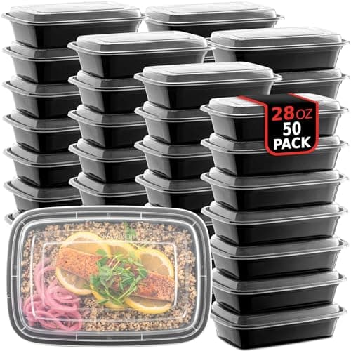 50-Pack Meal Prep Plastic Microwavable Food Containers for Meal Prepping with Lids 28 oz. 1 Compartment Black Rectangular Reusable Storage Lunch...