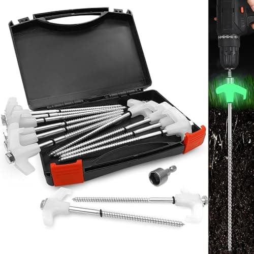 12 Pcs Screw in Tent Stakes 8-Inch Glow in The Dark Heavy Duty Metal Tent Nails with A Hex Head Adapter Metal Threaded Tent Nails for Outdoor...