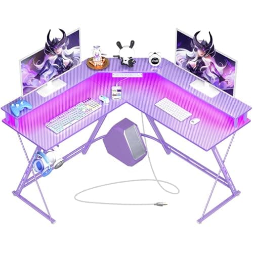 SEVEN WARRIOR Gaming Desk 50.4” with LED Light & Power Outlets, L-Shaped Gaming Desk Carbon Fiber Surface with Monitor Stand, Ergonomic Gamer Table...