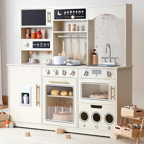 besrey Play Kitchen for Kids, Wooden Kids Play Kitchen Playset with Real Lights & Sounds, Toddler Toy Kitchen with Fun Cookware Accessories,...