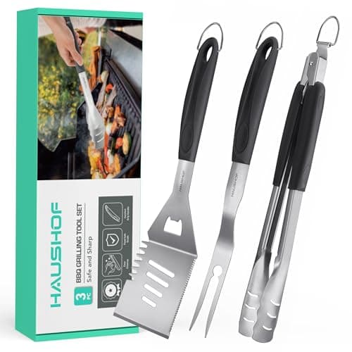 HAUSHOF Large Grill Accessories Heavy Duty BBQ Set Gifts for Men/Women - Premium Stainless Steel Spatula, Fork & Tongs (16.5/16/16.5 in.), Barbecue...