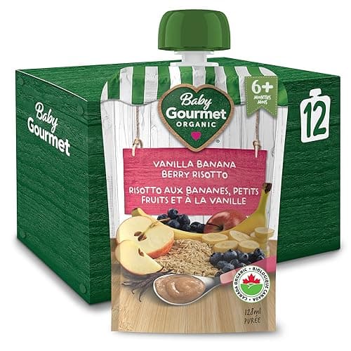 Purée de risotto à la vanille, aux bananes et aux baies Baby Gourmet, 12 sachets de 128 mL | 6 mois+ | Aliments biologiques pour bébés | Sans sucre ni sel ajoutés | Fabriqué au Canada