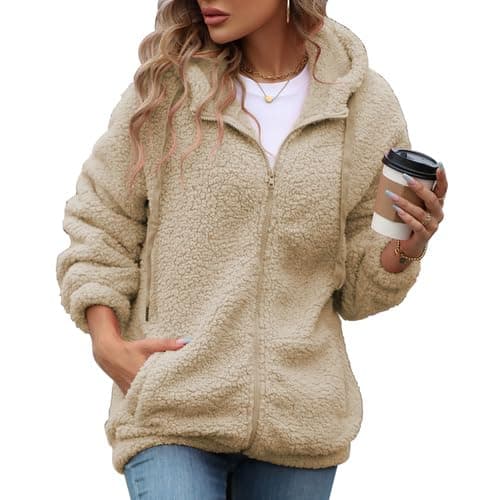 Vipwest Womens Full Zip Fleece Jacket 2025 Long Sleeve Hooded Sherpa Coats Flannel Coatigan Jackets with Pockets (Dark Apricot, Small)