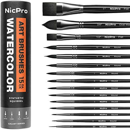 Nicpro 15 PCS Professional Watercolor Paint Brush Set, Artist Soft Synthetic Fine Squirrel Paint Brushes - Round Tip, Flats, Dagger, Oval Wash for...