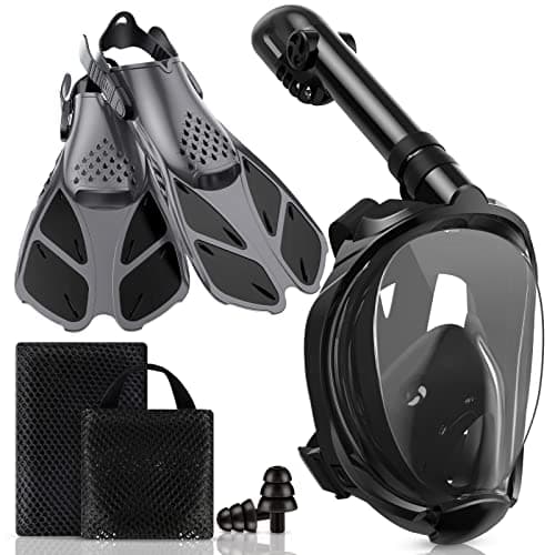 Viginsul Snorkel Set for Adults, Full Face Snorkel Mask and Adjustable Swim Fins, Panoramic View Snorkeling Mask with Dry Top System & Gear Bag,...