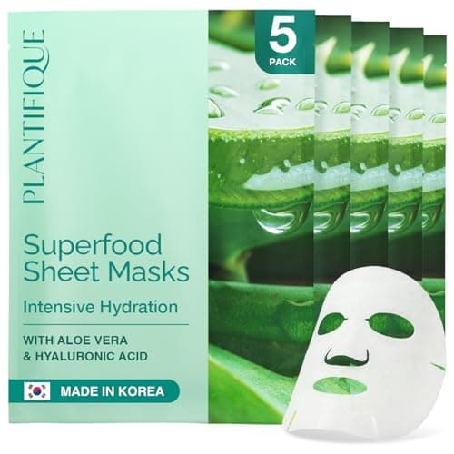 PLANTIFIQUE Korean Face Mask, 5-Pack with Aloe Vera, Hyaluronic Acid, Ceramide NP - Hydrating & Soothing Sheet Masks - Masque Visage All Skin Types