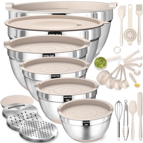 Ensemble de bols à mélanger avec couvercles hermétiques, 26 bols kaki en acier inoxydable avec accessoires de râpe, fonds antidérapants et ensemble de gadgets de cuisine, taille 7, 4,...
