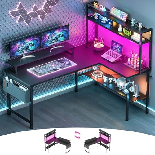 Cyclysio L Shaped Gaming Desk, Small Computer Desk with Power Outlets & LED, Reversible Game Desk with Monitor Stand & Bookshelf, Corner Office...