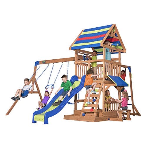 Backyard Discovery Beach Front All Cedar Wooden Swing Set with Monkey Bars, Large Upper Deck with Canopy, Ships Wheel, Play Telescope, Sandbox,...