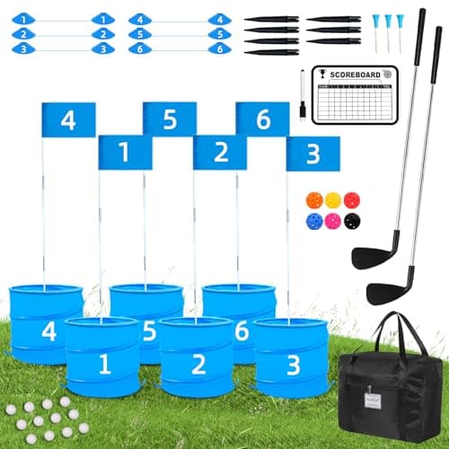 JIIFO Jeu de golf avec 2 clubs, pratique du golf avec 6 seaux, cadeau d'extérieur pour adultes, jeu de jardin avec trous pour pelouse, cour, camping, parc