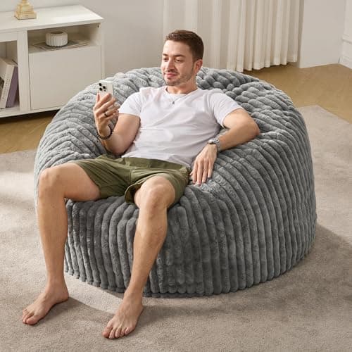 Bean Bag Chairs for Adults Beanbag Chair with Stripe Plush Cover Large Bean Bag Chair Big Bean Bag Chair for Living Room Bedroom Dorm (Grey, 4FT)