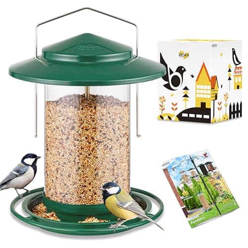 iBorn Metal Bird Feeder for Outside Hanging,Wild Bird Feeders for Cardinal, 18cm Large Roof&Tray Green 6 Port (Seed is not Included)