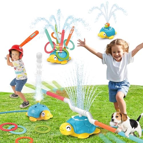 Arroseur d'eau tortue 4 en 1 pour enfants, jouets d'extérieur avec éclaboussures d'escargots, lancer d'anneaux, jeu de baseball et jeu de haies, jet rotatif à 360°, plaisir d'été...