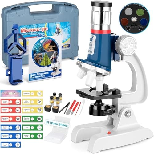 NOKA Microscope for Kids - 58-Piece Science Microscope Kit 1200X, Metal Body, LED Lights, Carrying Box, Slides - Science Experiments Toy for Kids...