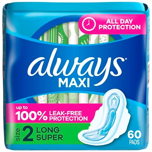 Always Maxi Serviettes féminines avec ailes pour femme, taille 2, longue super absorption, non parfumées, protection jusqu'à 100 % sans fuite, 60 unités