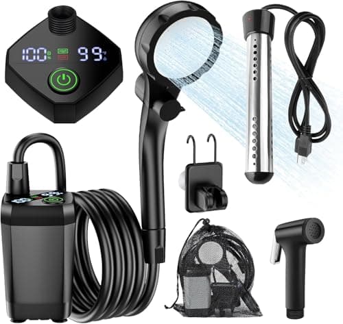Douche de camping portable avec chauffage, pompe de douche électrique avec batterie rechargeable longue durée de 6000 mAh, kit de douche compact avec pomme de douche et...