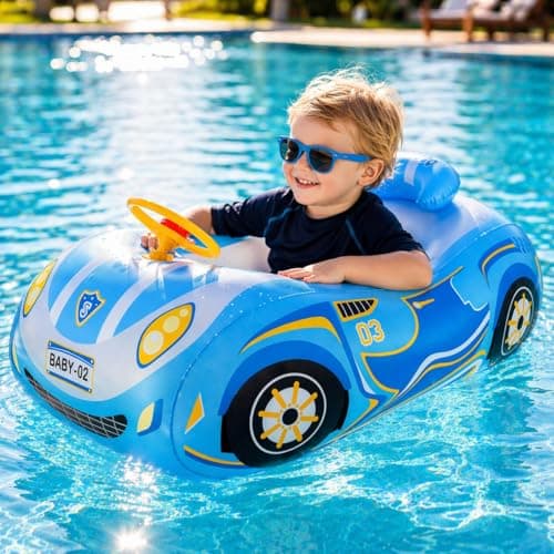 Baby Pool Float for Toddlers 12-48 Months 3D Car Inflatable Swim Float with Steering Wheel Heavy Duty 0.35mm PVC Infant Swim Pool Float Safe No...