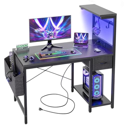 BEXEVUE Gaming Desk 40 inch with Power Outlet and LED Light, Computer Desk with Reversible Shelves and Storage Drawer, Small PC Desk for Home...