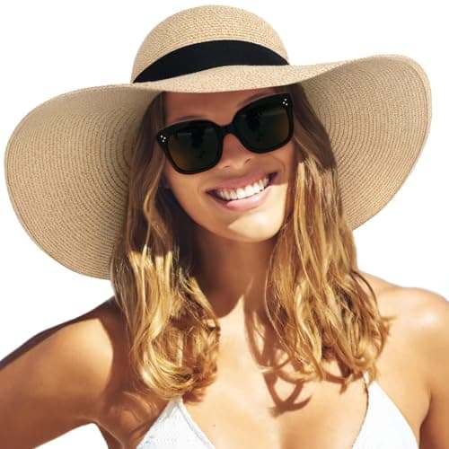 FURTALK Chapeau de paille solaire à large bord UPF 50 pour femme - Chapeau d'été pliable enroulable - Chapeaux de plage pour femme