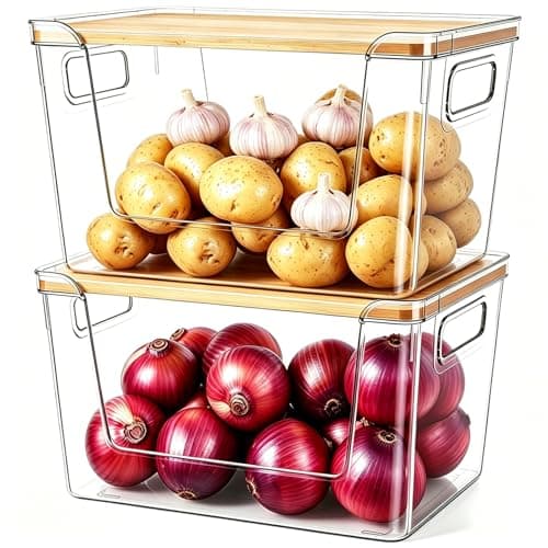2 Set Pantry Organizers and Storage - Stackable Pantry Storage Bin Containers for Potato, Onion, Garlic, Fruit, Vegetable, Produce - Clear Front...