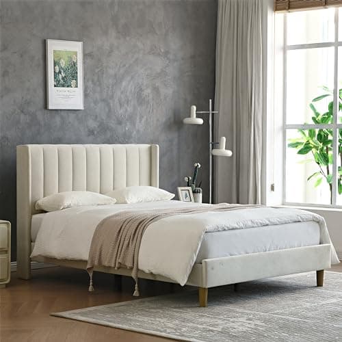 YUHUASHI upholstered Platform Bed Frame/Full Bed Frame/Modern Geometric Double-Wing Design headboard/Velvet Fabric/Easy to Assemble no Noise...